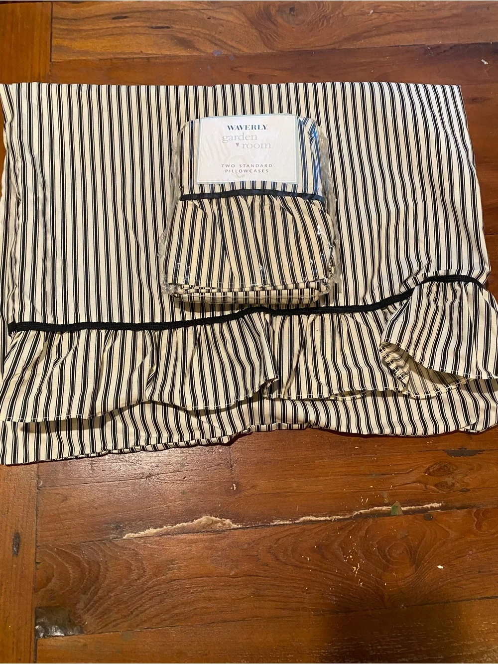 Waverly Black and Cream Striped Ruffled Pillowcase Pair